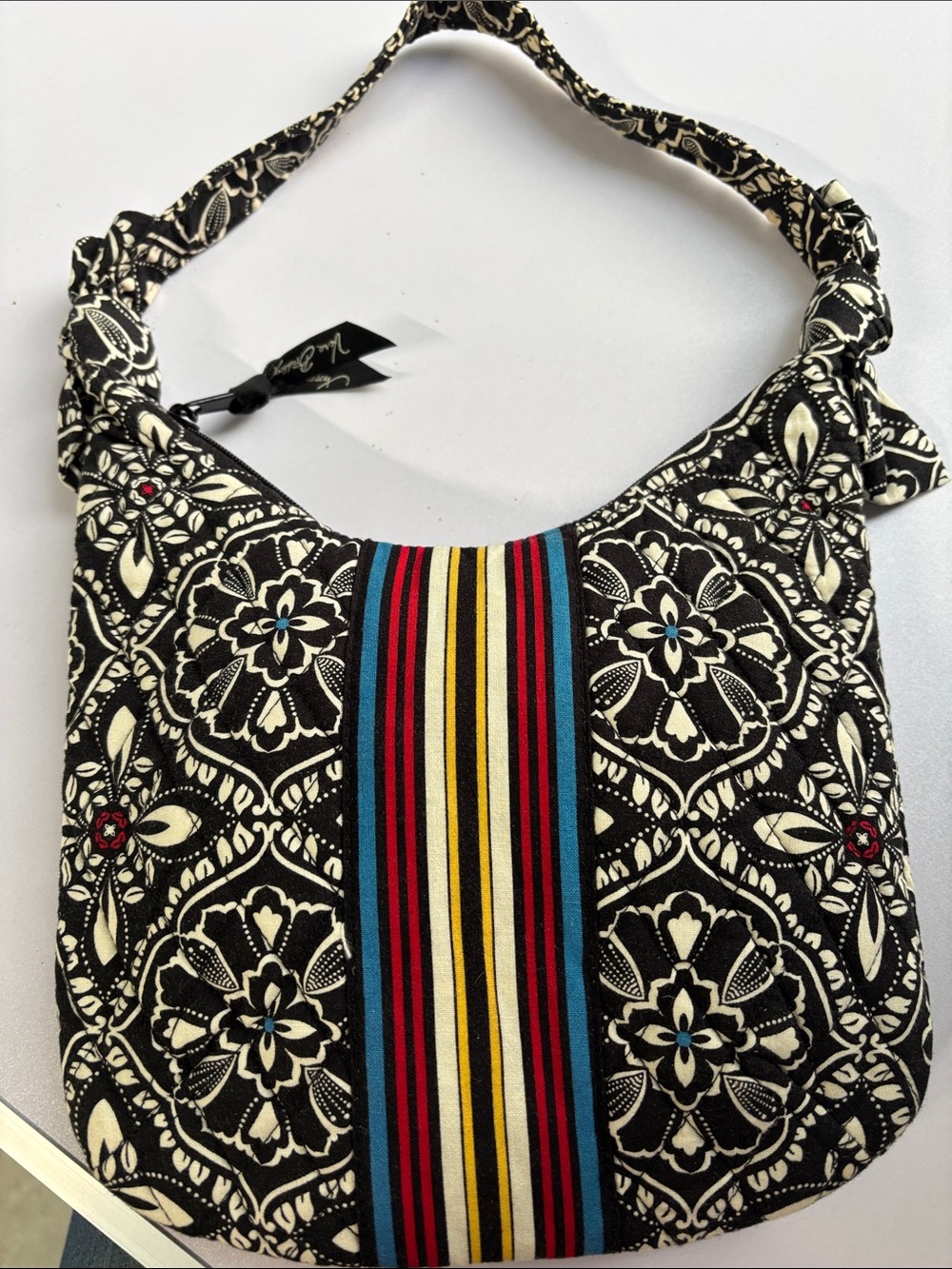 Vera Bradley Black & Cream Floral Shoulder Bag with Multicolor Stripe